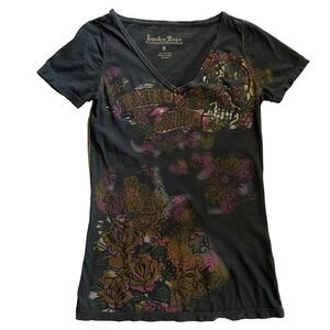 Vintage Y2K Lucky Brand Graphic Print V-Neck Tee Charcoal Gray Size Medium